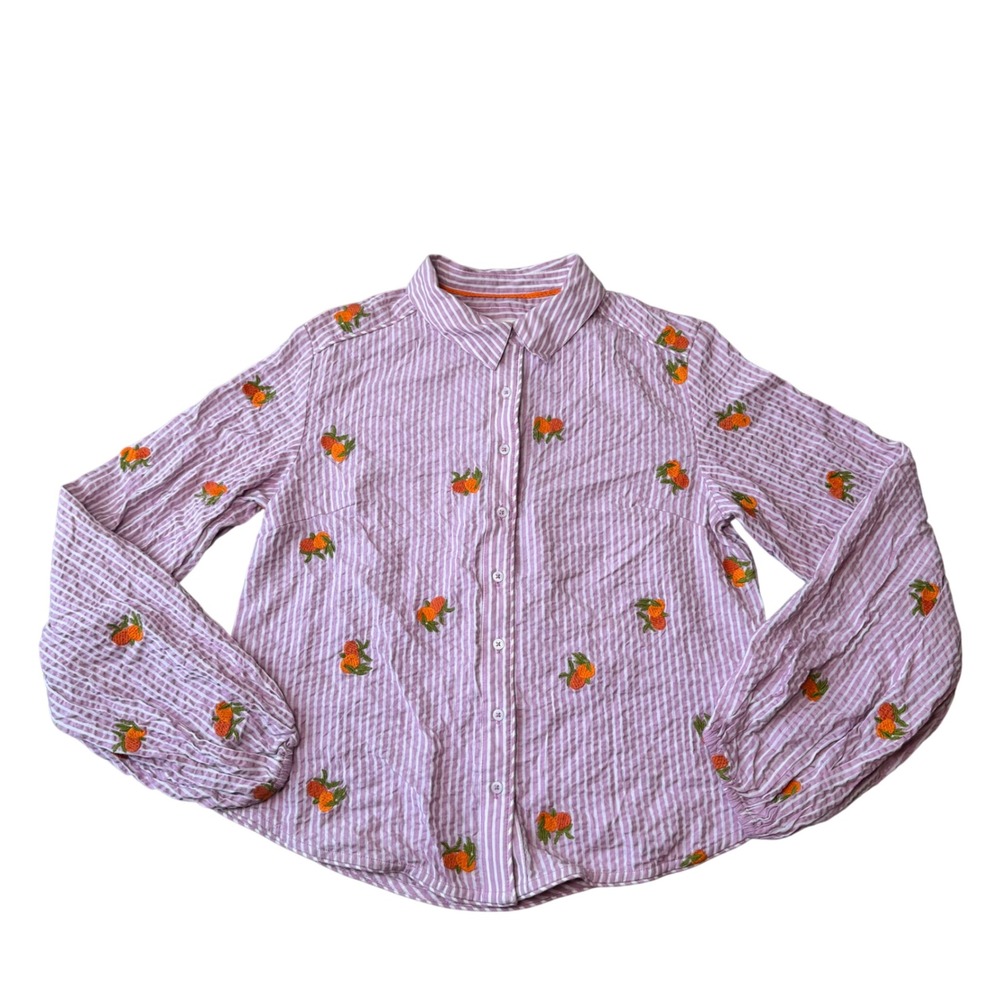 Anthropologie Maeve Embroidered Button Down Fruit Striped Size Small - Picture 3 of 8